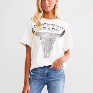 White Graphic T-Shirt with Bull Design. Country Roads John Denver.